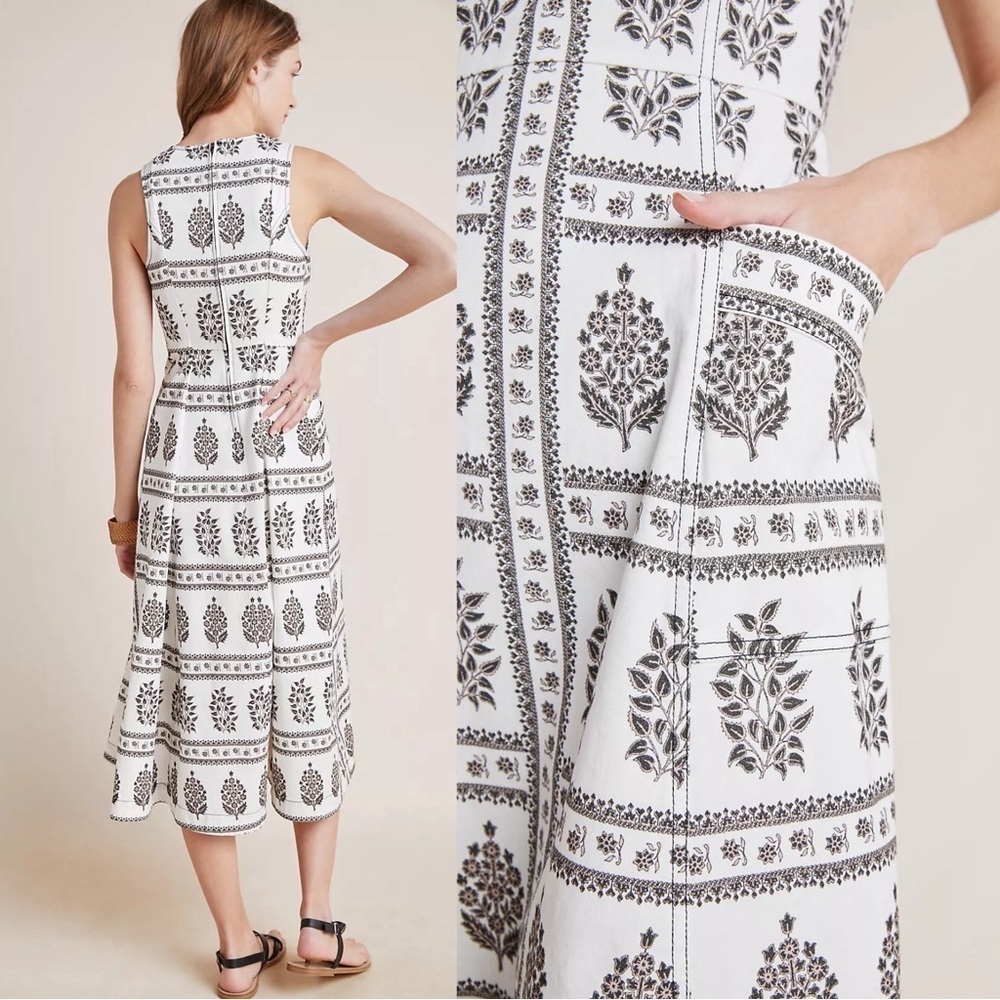 Anthropologie • Woodblock Midi Dress cream brown floral print stretch twill - Picture 11 of 13